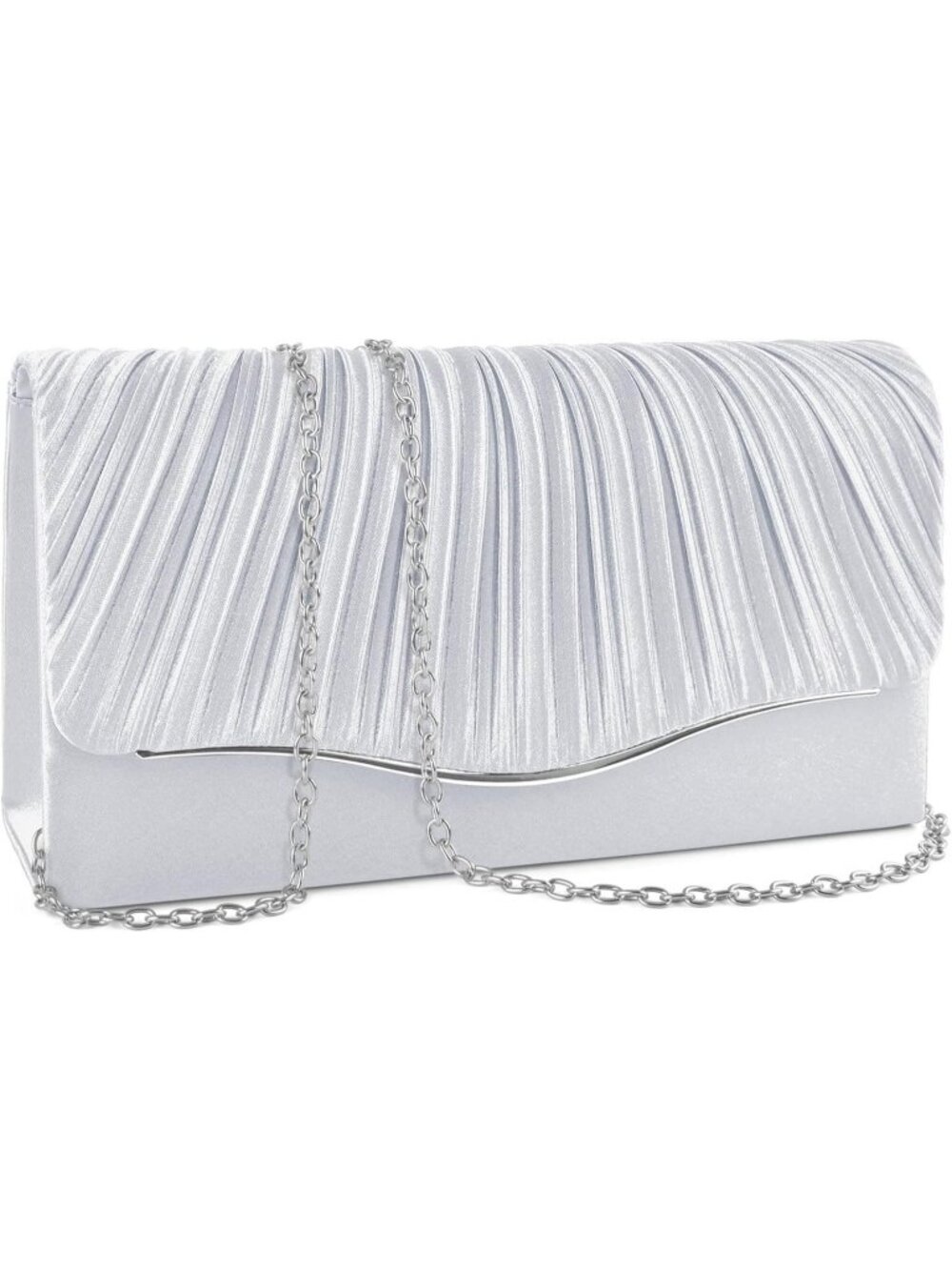 Women's Silver Velvet Pleated Flap Gold Accent Envelope Chain Evening Bag Clutch